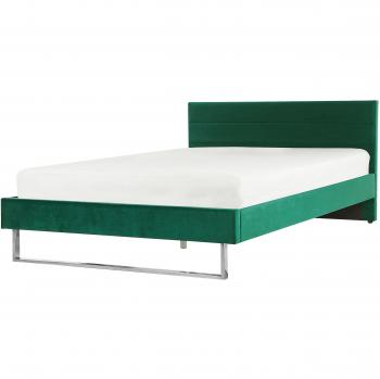 Cama Doble Tapizada en Terciopelo Verde 180 x 200 cm con Cabecero y Patas Plateadas Estilo Glam