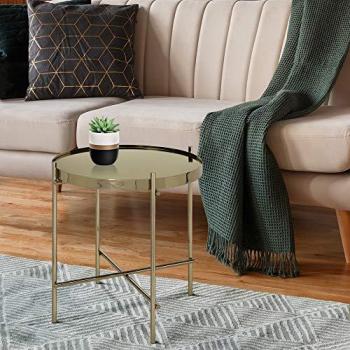 Mesa Auxiliar Redonda Ø43x45 cm de Latón Viejo con Tapa de Cristal y Marco de Metal - Diseño Elegante para Salón