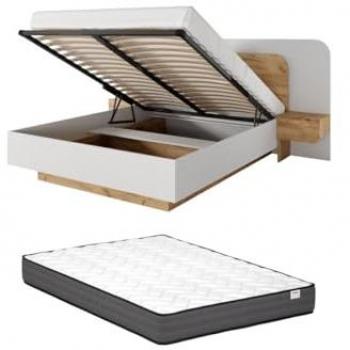 Cama con cajón y mesitas de noche 160 x 200 cm - Con LEDs - Color: natural y blanco + Colchón - DESADO