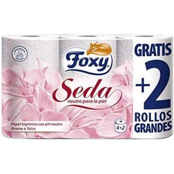 Papel Higiénico Foxy Seda, PH Neutro con Aroma a Talco, 3 Capas - Pack de 6 Rollos