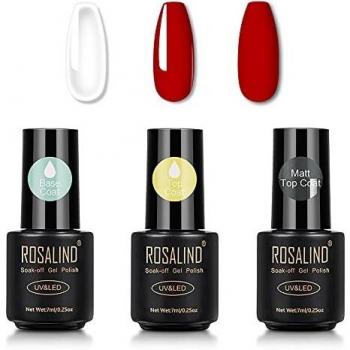 ROSALIND Base y Top Coat y Matte Top Coat Semipermentes, Esmaltes Semipermanentes de Uñas en Gel UV LED Gel Soak Off 3PCS/Set 7ML