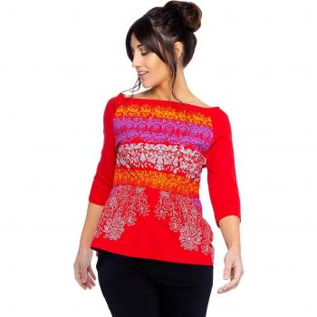 Mamatayoe - Top de mujer con escote semi barco, estampado en el delantero, manga tres cuartos, color rojo