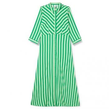 Vestido Largo Camisero de Manga Larga Savanna Verde con Rayas para Mujer