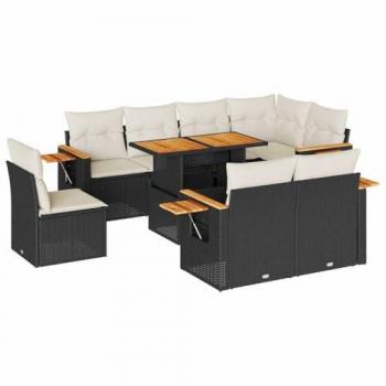 9-Piece Black Poly Rattan Acacia Garden Sofa Set with Cushions