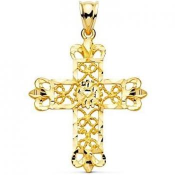 Cruz colgante oro 18k mujer 35 mm. calada filigrana bordes detalles tallados