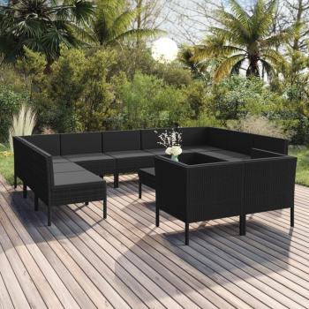 12-Piece Black Poly Rattan Garden Lounge Set with Cushions