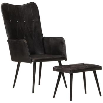 Sillón orejero de respaldo alto con reposapiés en cuero genuino negro