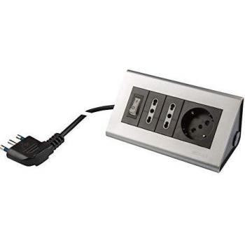 Multipresa de mesa Poly Pool PP2590.2 con 3 salidas, 2 m de cable y interruptor luminoso, color negro y plata