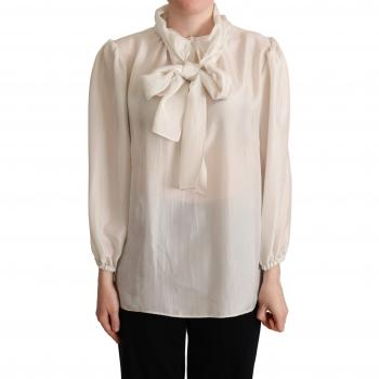 Dolce & Gabbana Light Gray Ascot Collar Silk Blouse Top - IT44|L, Female, Gray, Size: M