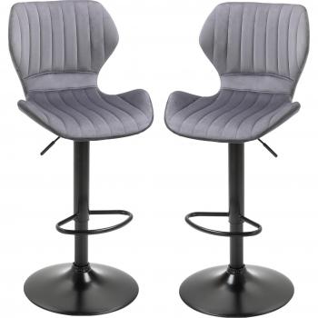 HOMCOM Juego de 2 Taburetes Altos de Cocina Giratorios de Terciopelo con Respaldo y Estructura de Metal, Dimensiones: 47x51,5x94-114cm, Color: Gris