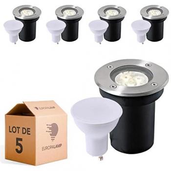 Lote de 5 focos empotrables redondos de suelo en acero inoxidable 304 para exterior IP65 + bombilla GU10 5W blanco frío 6000K