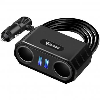 Adaptador de corriente para automóvil VAKOSS TP-3264K, 2 tomas de encendedor + 2 puertos USB, cable de 70 cm
