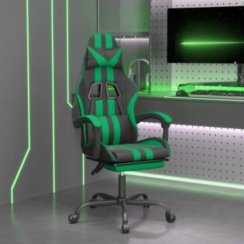 Silla de Gaming Giratoria con Reposapiés Negra y Verde de Piel Sintética