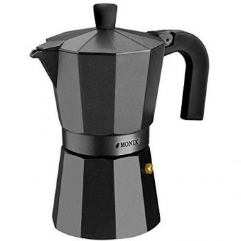 Cafetera Italiana Aluminio Monix Vitro Noir, Capacidad 6 Tazas, Apta para Todo Tipo de Cocinas Excepto Inducción, Color Negro