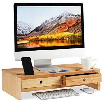 Soporte para Monitor y Portátil de Bambú con 2 Cajones y Compartimentos, Color Marrón, Dimensiones 14 x 60 x 30 cm