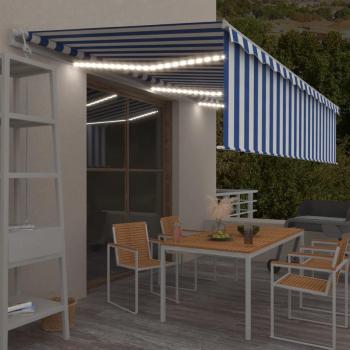 Toldo automático LED con sensor de viento color azul y blanco, dimensiones 6x3m