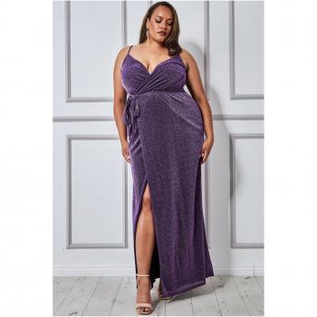 Goddiva Plus Wrap Style Spaghetti Strap Maxi Split Dress - Purple