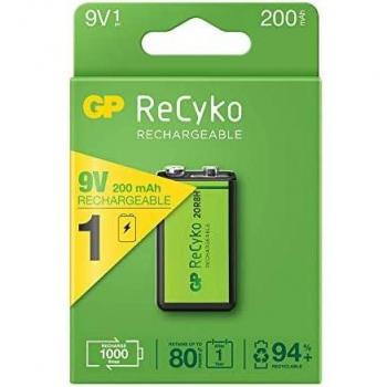 GP ReCyko+ Pila Recargable 9V 6LR61 200mAh Blíster de 1 Unidad - Precargada - Hasta 1000 Ciclos de Carga