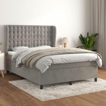 Cama box spring con colchón de terciopelo gris claro 140x190 cm