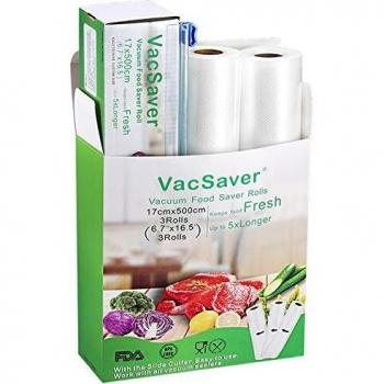 VacSaver Bolsas de Vacío 3 Rollos 17cm x 5m con Cutter-Box, 8 Veces más Fresco Rollos de Envasado al Vacío para Almacenaje de Alimentos, Sous Vide, BPA Free