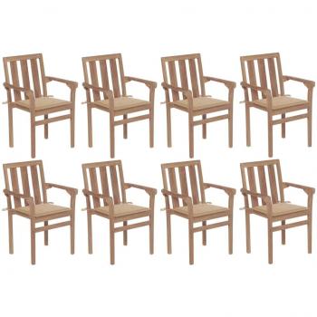 Sillas de jardín apilables con almohadas 8 piezas de teca sólida