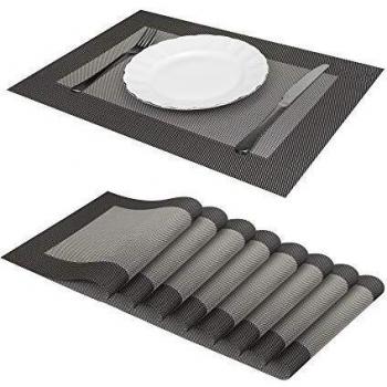 Jujin Juego de 8 Manteles Individuales Antideslizantes, Lavables, de PVC, Resistentes al Calor, para Mesa de Comedor Negro