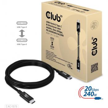 Club3D Cable USB4 Gen2x2 Type-C Bidireccional 2m - Certificado por USB IF, 4K60Hz, Datos 20Gbps, PD 240W EPR St./St.