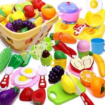 Airlab Juguetes de Cocina Niños, Comida de Juguete, 48 Pcs Alimentos Accesorios de Cocinita con Cestas, Juguete Frutas y Verduras para Cortar, Juegos de Roles Regalo, Montessori Educativos 2+ Años