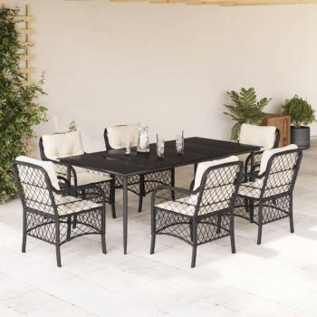 7-Piece Black Poly Rattan Garden Dining Set with Cushions
