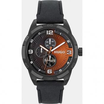 Reloj HUGO 1530275 para hombre con correa de piel negra y funciones multifunción