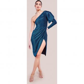 Goddiva One Sleeve Frill Lurex Midi Dress - Blue