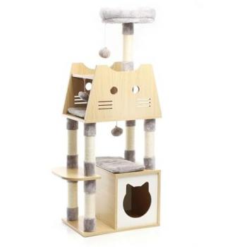 Árbol Rascador para Gatos Fudajo 126cm Gris con Madera, Gatera, Postes de Sisal y Tumbonas