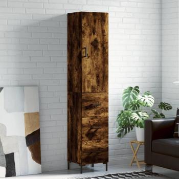 Aparador alto de madera contrachapada roble ahumado 34,5x34x180 cm con 3 cajones, mueble de almacenaje para salón, buffet y armario auxiliar