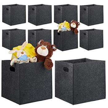 Set de 10 Cestas de Almacenaje Cuadradas de Fieltro con Asas, Plegables, Antracita, 30x30x30 cm