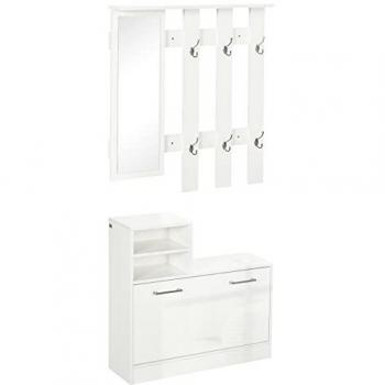 HOMCOM Conjunto de Recibidor de Entrada con Espejo, Perchero y Zapatero, Muebles de Entrada con 6 Ganchos y Estantes para 8 Pares de Zapatos, Color Blanco Brillante,