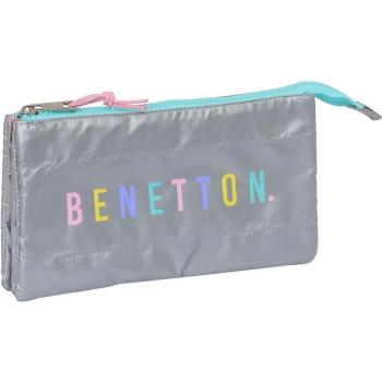 Portatodo Triple Benetton Silver Safta - Estuche con 3 Compartimentos, Bolsillo Interior Central, Diseño Plata, Licencia Oficial