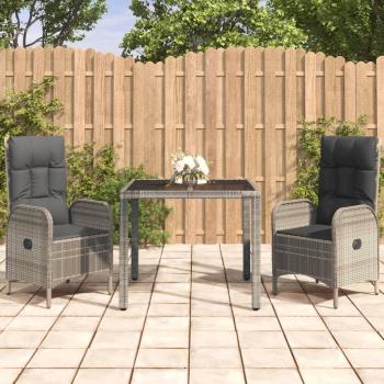 3-Piece Grey Poly Rattan Garden Dining Set with Cushions