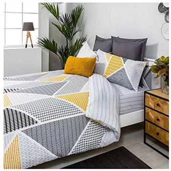 Funda Nórdica Reversible GEKA Algodón-Poliéster Gris y Mostaza 220x220 cm con Fundas de Almohada para Cama de 135