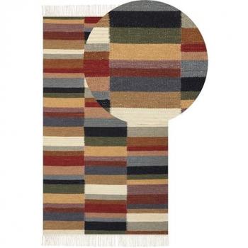Alfombra Kilim de Lana Multicolor 80 x 150 cm Tejida a Mano con Patrón Geométrico y Borlas