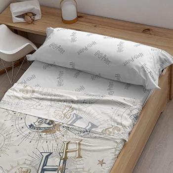 Juego de sábanas Harry Potter 100% algodón modelo HPotter Gold Beige con almohada y bajera estampadas para cama de 180 cm