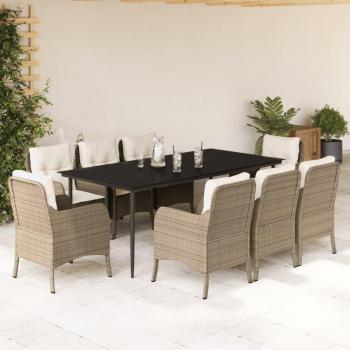 9-Piece Beige Poly Rattan Garden Dining Set with Cushions