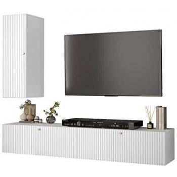 Conjunto de salón Hartford H107, Muebles en aglomerado laminado y MDF, 200 x 40 cm, color blanco, con mesa de TV y accesorios adicionales