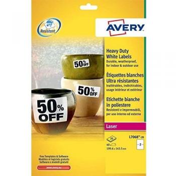 Etiquetas Adhesivas de Poliéster Blancas Avery L7068 - 20 Hojas A4, 199,6x143,5 mm (2 Etiquetas por Hoja), Adesivo Permanente para Impresoras Láser