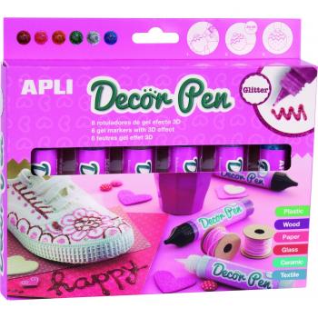 APLI - Caja rotuladores 3D Decorpen, acabado purpurina, 6 uds