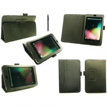 Emartbuy ® Stylus Pack Para Asus Google Nexus Tablet 7 - Función Dual Negro Stylus + Protector De Pantalla + Negro Efecto De Fibra De Carbono De Múltiples Funciones / Multi Angle Monedero / Portada / Soporte / Case Typing Con Sensor Del Sueño Wake