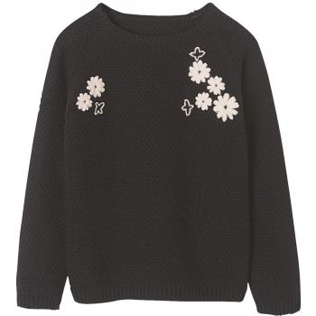 VERTBAUDET Jersey niña con Flores Bordadas Negro Oscuro Liso con Motivos 4-5 Anos, 108CM