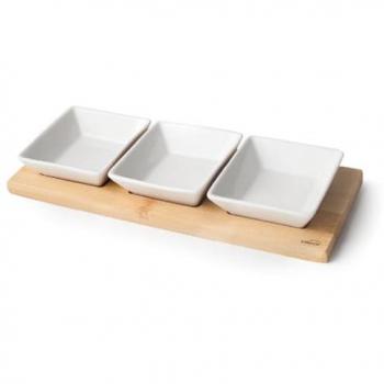 Bandeja de Aperitivos de Bambú con 3 Cuencos de Porcelana, Dimensiones 28 x 10 cm, Capacidad de Cada Cuenco: 100 ml, Fácil Limpieza, Apta para Lavavaj