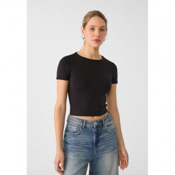 Stradivarius Black Cotton Short Sleeve Cropped T-Shirt XL