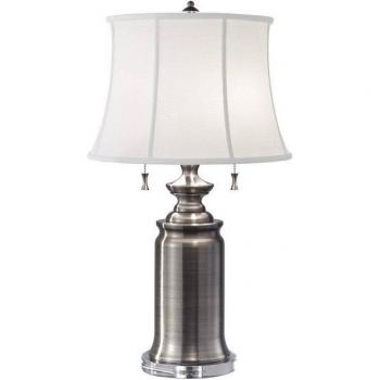 Lámpara de mesa Stateroom de Elstead, 2 luces, níquel antiguo, con pantalla E27