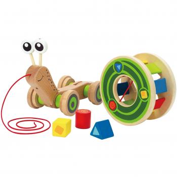 Hape Pulling Snail - Juguete de madera para caminar para niños pequeños con concha contenedor extraíble para clasificar formas multicolores